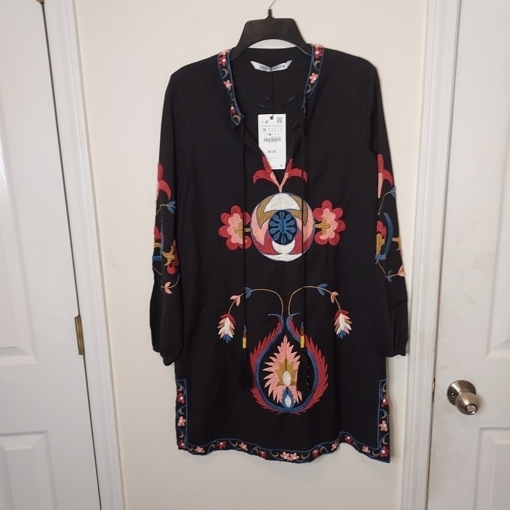 Zara Short Embroidered Cotton Linen Blend Dress Sz-M - Picture 7 of 10